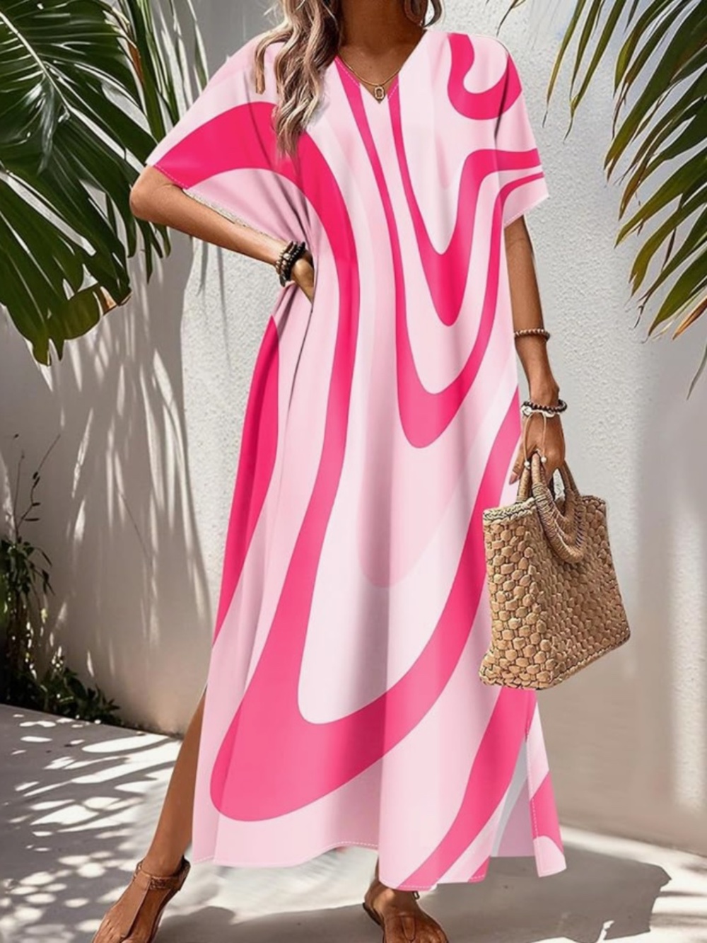 Women’s moo moo dress pink Print Swim Cover-Up Caftan